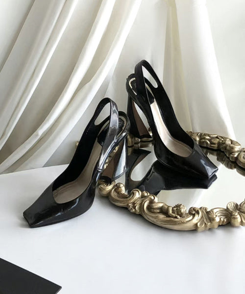 Black Sheepskin High Square Boutique Heel Toe Sandals Splicing FashionChic