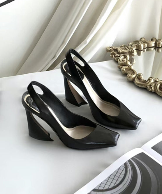 Black Sheepskin High Square Boutique Heel Toe Sandals Splicing FashionChic