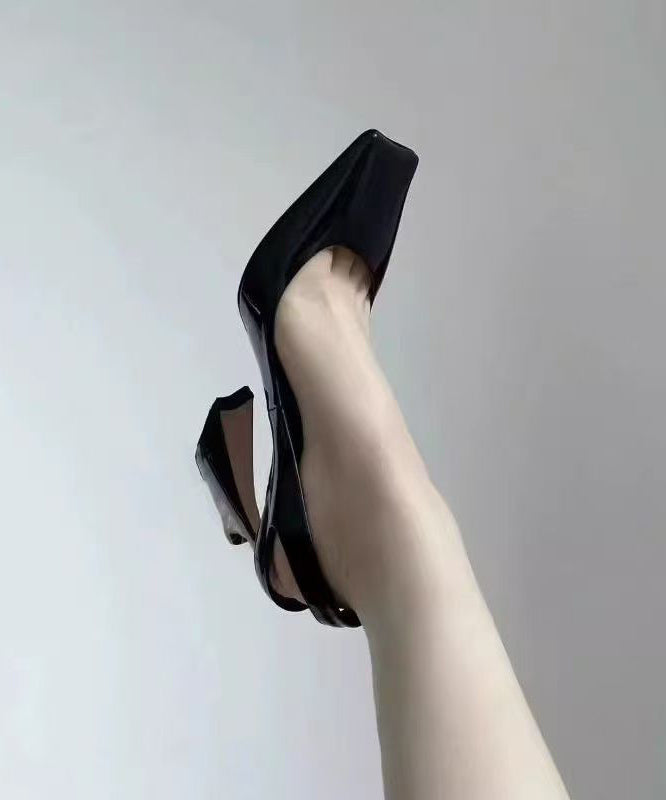 Black Sheepskin High Square Boutique Heel Toe Sandals Splicing FashionChic