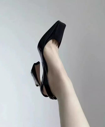 Black Sheepskin High Square Boutique Heel Toe Sandals Splicing FashionChic