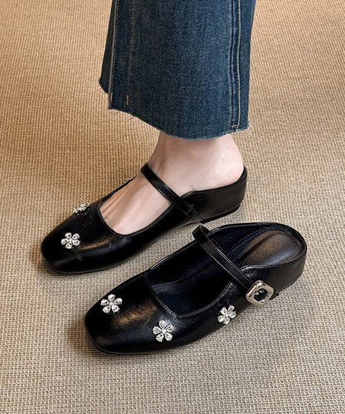 Splicing Slide Black Faux Sandals Zircon Wedge Boutique Leather FashionChic