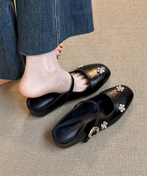 Splicing Slide Black Faux Sandals Zircon Wedge Boutique Leather FashionChic