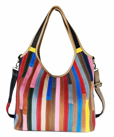 Boutique Striped Colorblock Calf Leather Satchel Bag Handbag HJ1044 Ada Fashion