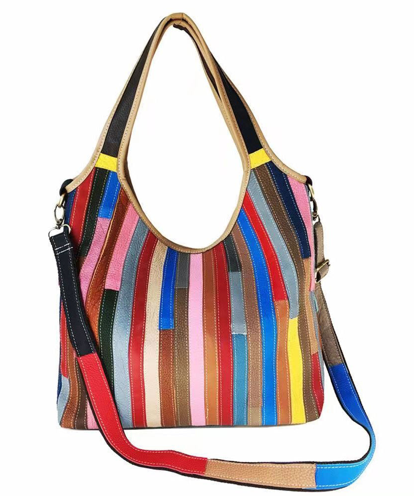 Boutique Striped Colorblock Calf Leather Satchel Bag Handbag HJ1044 Ada Fashion