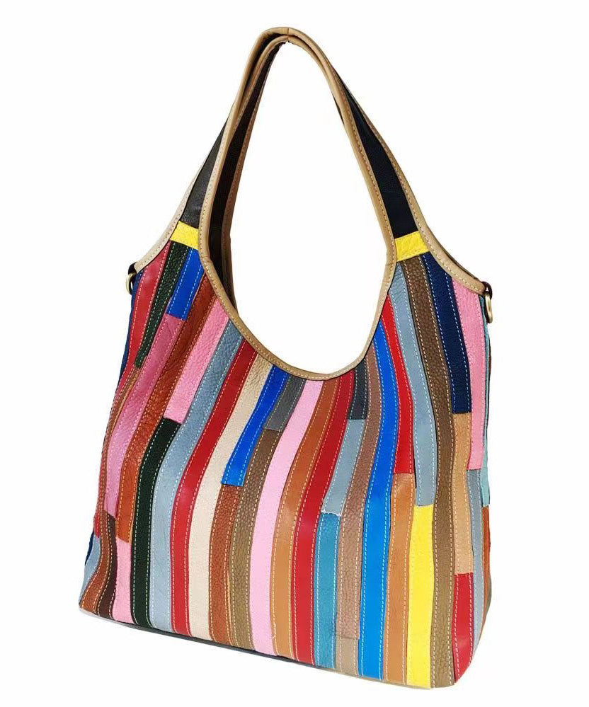 Boutique Striped Colorblock Calf Leather Satchel Bag Handbag HJ1044 Ada Fashion