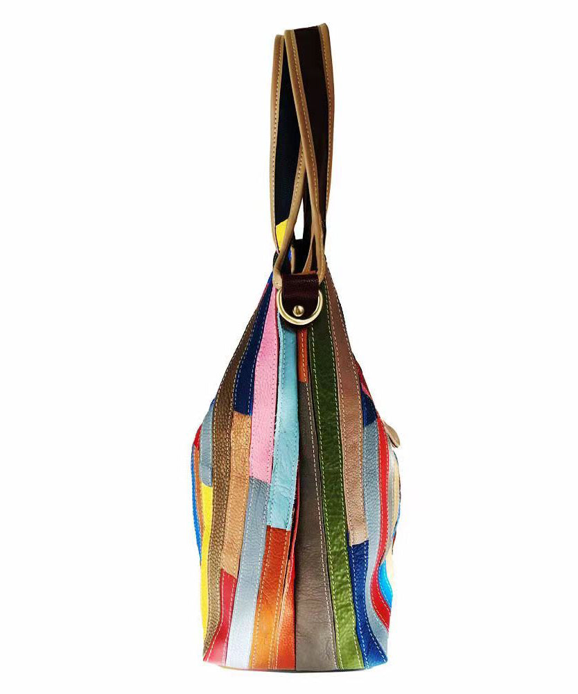 Boutique Striped Colorblock Calf Leather Satchel Bag Handbag HJ1044 Ada Fashion