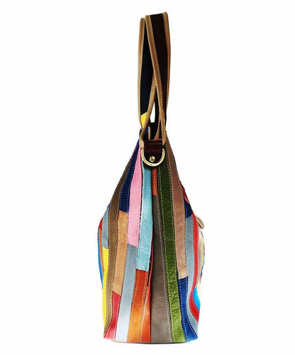 Boutique Striped Colorblock Calf Leather Satchel Bag Handbag HJ1044 Ada Fashion