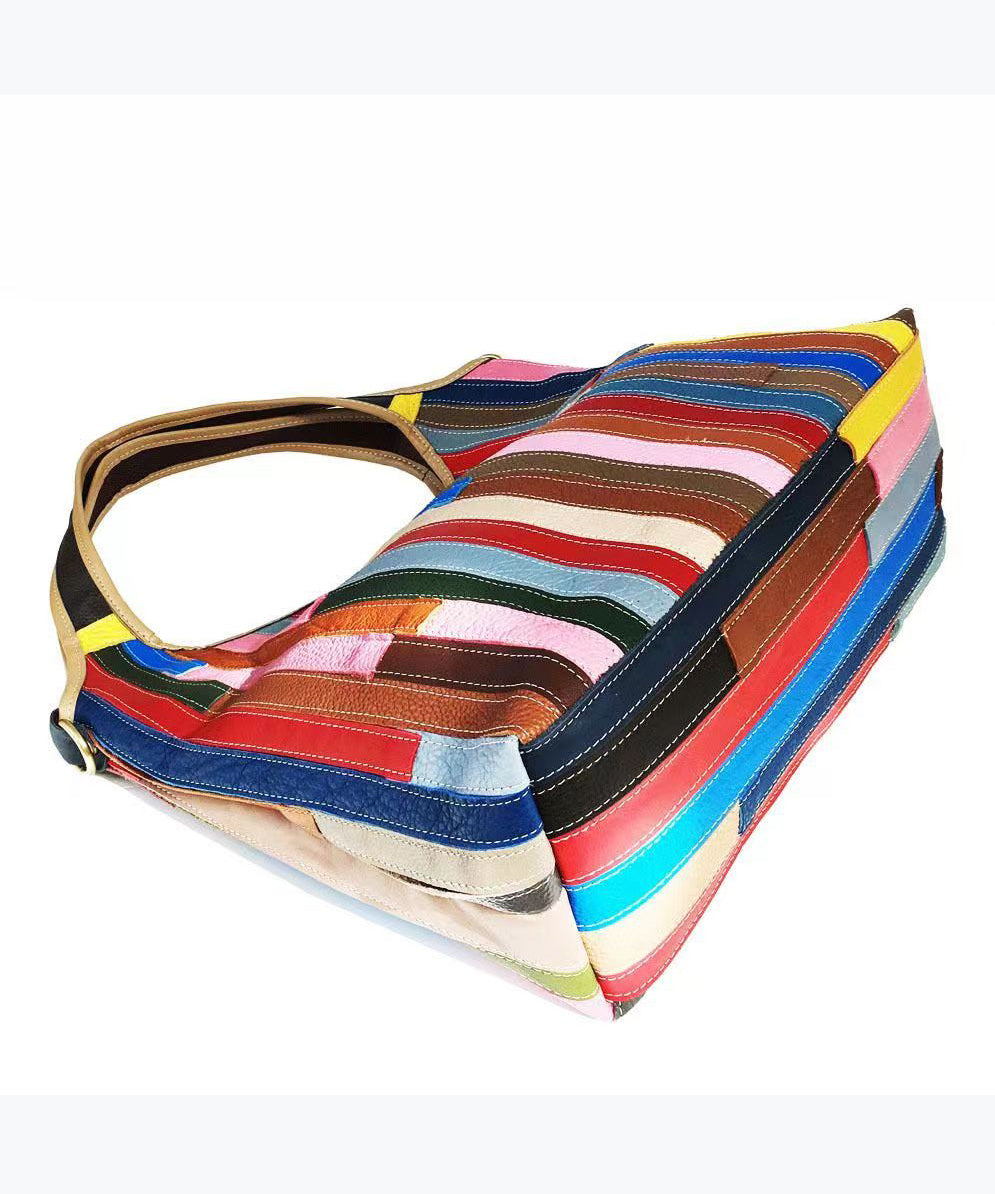 Boutique Striped Colorblock Calf Leather Satchel Bag Handbag HJ1044 Ada Fashion