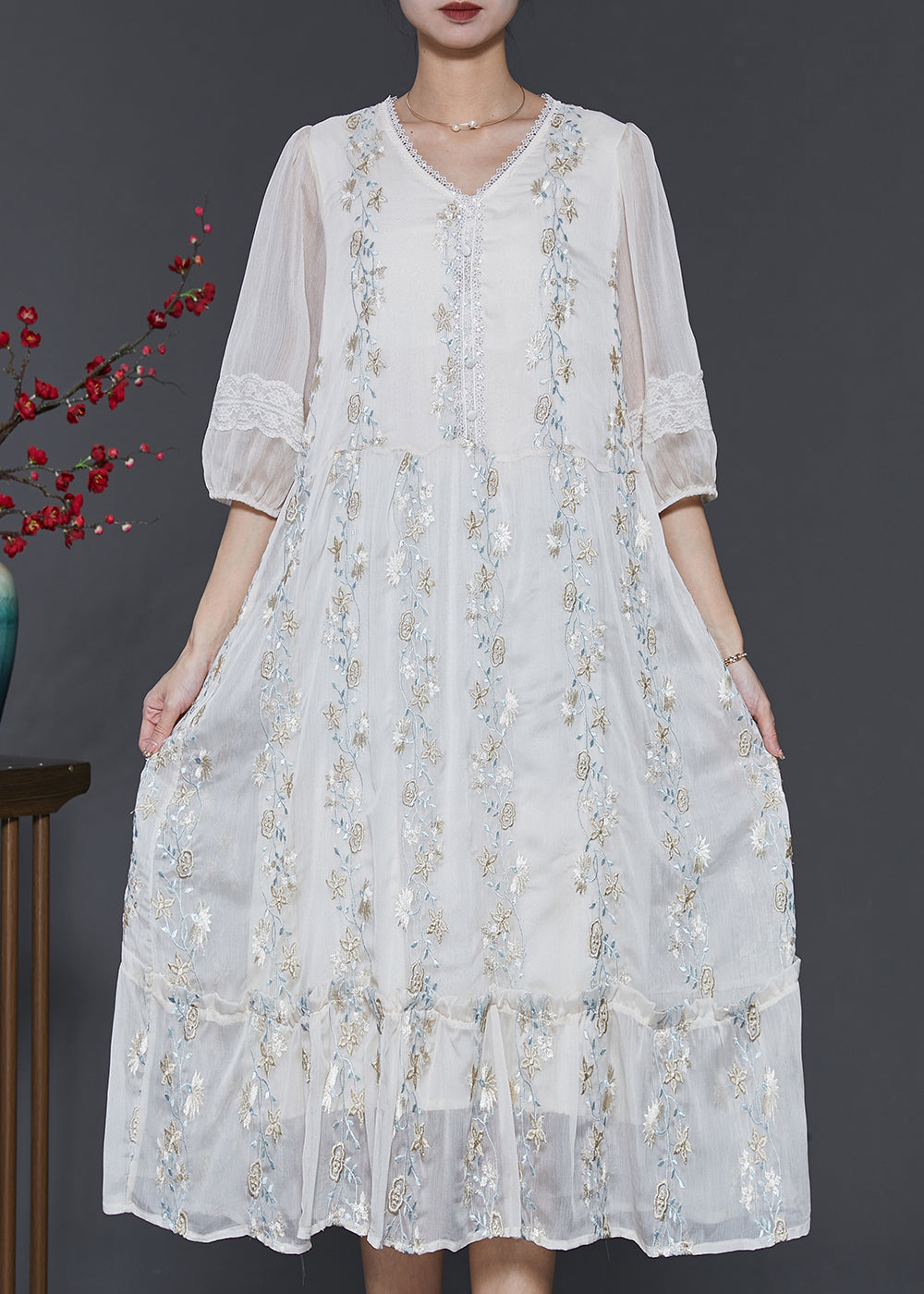 Boutique White Embroidered Patchwork Lace Silk Dresses Summer SD1067 Ada Fashion