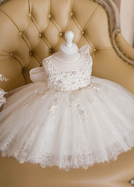 Boutique White Floral Lace Patchwork Tulle Girls Long Dress Sleeveless YS022 ABC