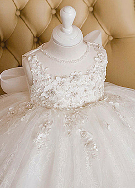 Boutique White Floral Lace Patchwork Tulle Girls Long Dress Sleeveless YS022 ABC