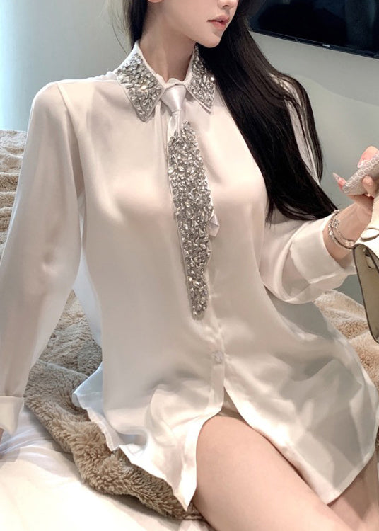 Boutique White Peter Pan Collar Zircon Silk Shirt Top Spring YF011 ABC