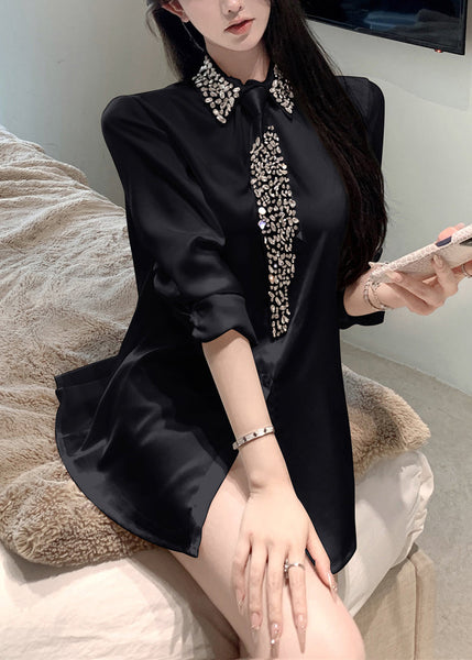 Boutique White Peter Pan Collar Zircon Silk Shirt Top Spring YF011 ABC