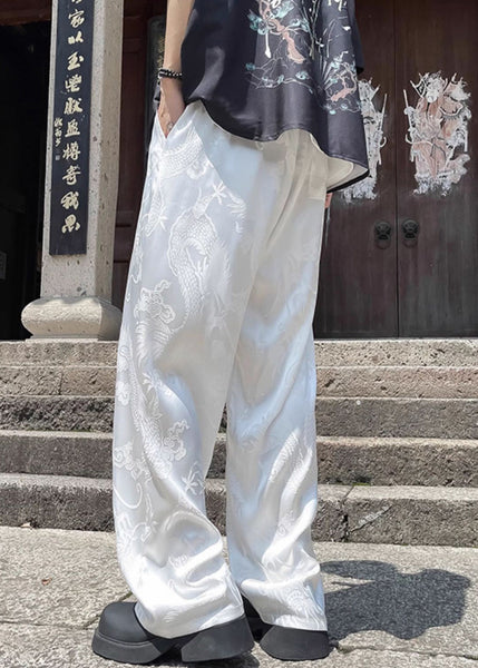 Boutique White Pockets Oriental Print Ice Silk Mens Pants Summer YT051 Men-Silk-MENP240721