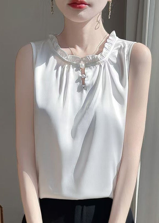 Sleeveless Silk White Boutique Button Ruffled Shirts FashionChic