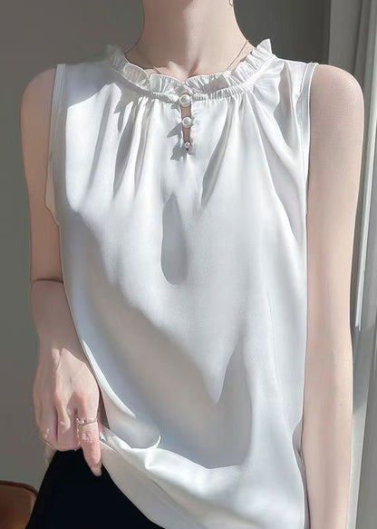 Sleeveless Silk White Boutique Button Ruffled Shirts FashionChic