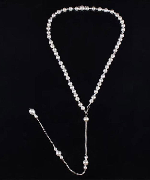Boutique White Stainless Steel Pearl Chain Tassel Lariat Necklace YA012 ABC