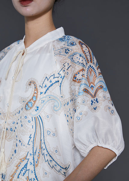 Boutique White Tasseled Print Ice Silk Two Pieces Set Summer SD1044 Ada Fashion