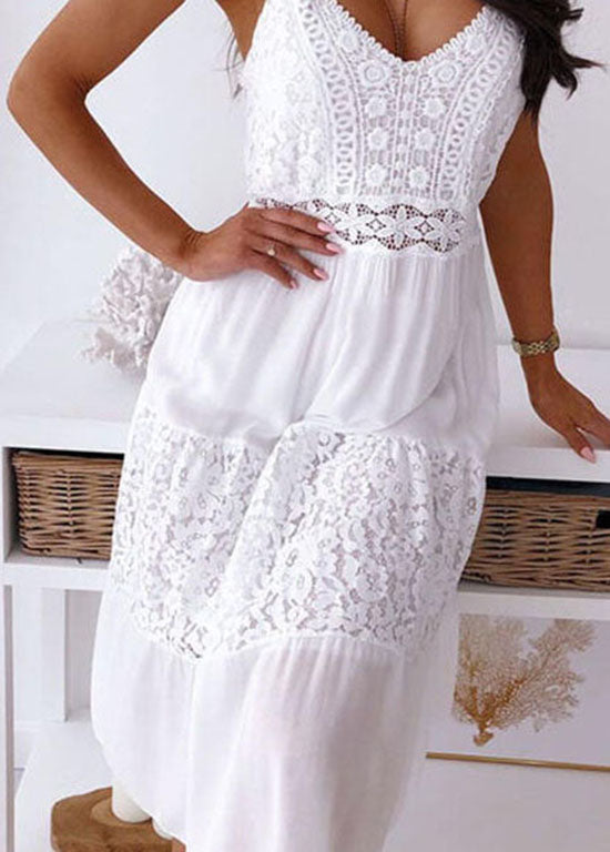 Boutique White V Neck Lace Patchwork Cotton Spaghetti Strap Dress Summer TL039