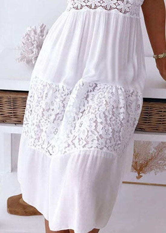 Boutique White V Neck Lace Patchwork Cotton Spaghetti Strap Dress Summer TL039