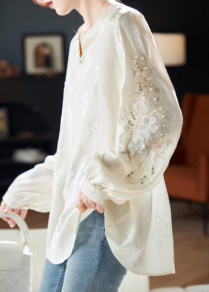 Chiffon Sequins White Neck Boutique Nail V Bead Shirt Spring FashionChic
