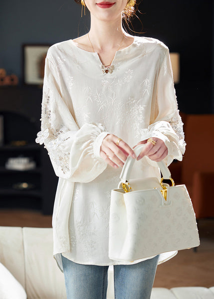 Chiffon Sequins White Neck Boutique Nail V Bead Shirt Spring FashionChic