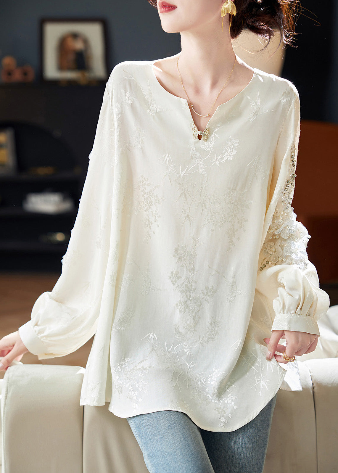 Chiffon Sequins White Neck Boutique Nail V Bead Shirt Spring FashionChic