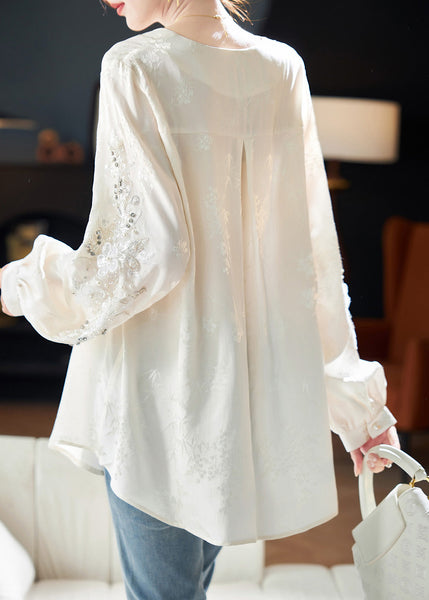 Chiffon Sequins White Neck Boutique Nail V Bead Shirt Spring FashionChic