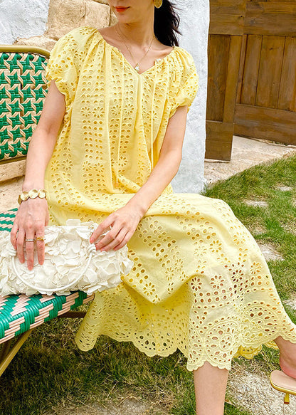 Knitted Boutique O-Neck Out Hollow Yellow Dress Cotton Long FashionChic