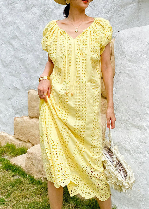 Knitted Boutique O-Neck Out Hollow Yellow Dress Cotton Long FashionChic