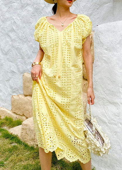 Knitted Boutique O-Neck Out Hollow Yellow Dress Cotton Long FashionChic