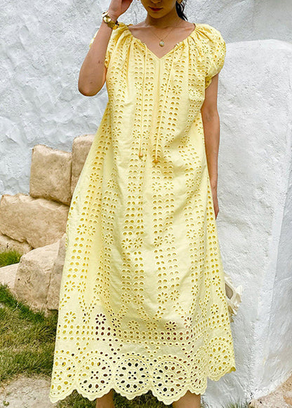 Knitted Boutique O-Neck Out Hollow Yellow Dress Cotton Long FashionChic