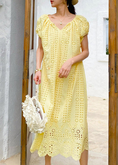Knitted Boutique O-Neck Out Hollow Yellow Dress Cotton Long FashionChic