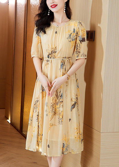 Wrinkled Summer Dress Yellow Up Silk O Neck Print Lace Boutique FashionChic