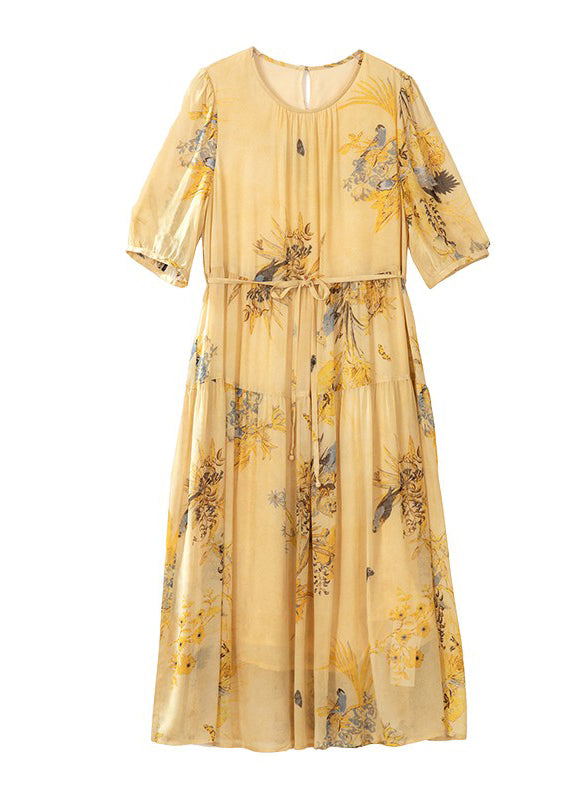 Wrinkled Summer Dress Yellow Up Silk O Neck Print Lace Boutique FashionChic