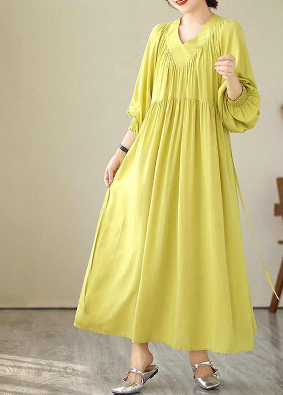 Boutique Yellow V Neck Green Long Dress Puff Sleeve VB1009 Ada Fashion