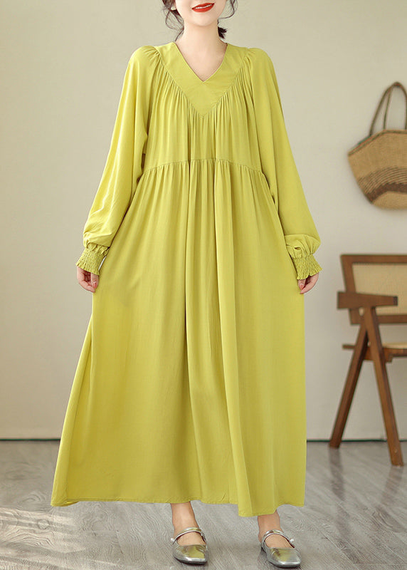 Boutique Yellow V Neck Green Long Dress Puff Sleeve VB1009 Ada Fashion