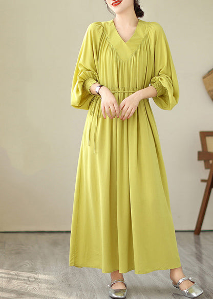 Boutique Yellow V Neck Green Long Dress Puff Sleeve VB1009 Ada Fashion