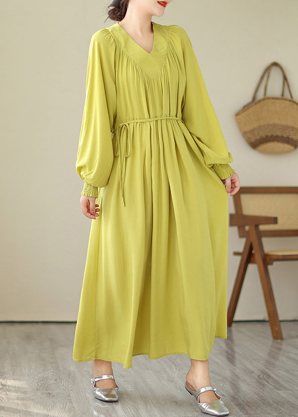 Boutique Yellow V Neck Green Long Dress Puff Sleeve VB1009 Ada Fashion