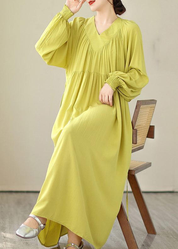 Boutique Yellow V Neck Green Long Dress Puff Sleeve VB1009 Ada Fashion