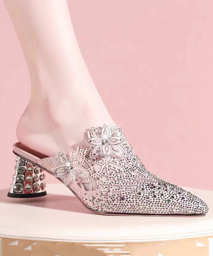 Boutique Zircon Splicing Chunky Heel Pointed Toe Pink Sheepskin Slide Sandals CZ1040 Ada Fashion