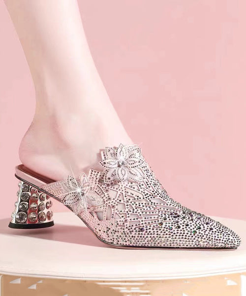 Boutique Zircon Splicing Chunky Heel Pointed Toe Pink Sheepskin Slide Sandals CZ1040 Ada Fashion