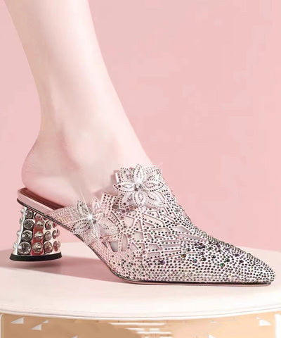 Boutique Zircon Splicing Chunky Heel Pointed Toe Pink Sheepskin Slide Sandals CZ1040 Ada Fashion