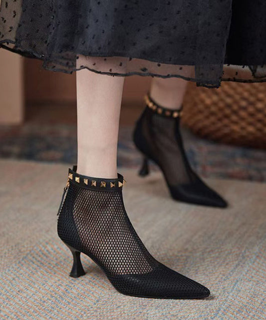 Boots Breathable Black Rivet Pointed Mesh Toe Splicing FashionChic