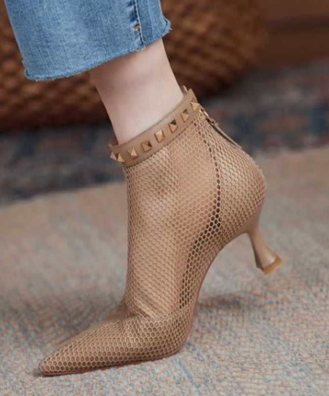 Pointed Splicing Mesh Black Toe Rivet Breathable Boots FashionChic