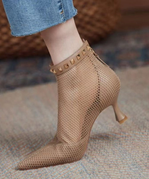 Boots Breathable Black Rivet Pointed Mesh Toe Splicing FashionChic