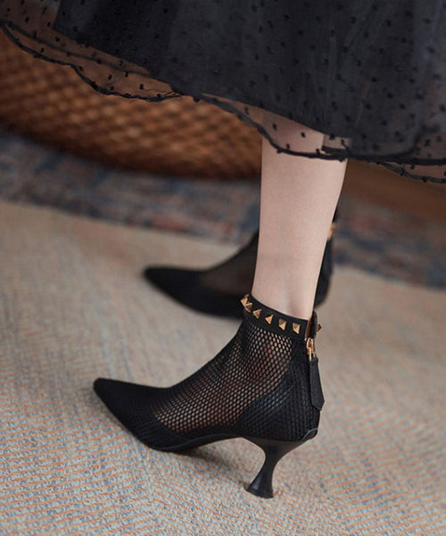Boots Breathable Black Rivet Pointed Mesh Toe Splicing FashionChic