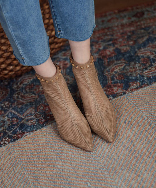 Boots Breathable Black Rivet Pointed Mesh Toe Splicing FashionChic