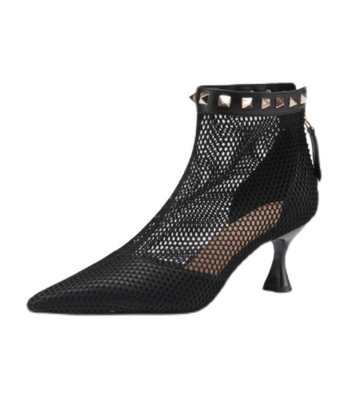 Boots Breathable Black Rivet Pointed Mesh Toe Splicing FashionChic