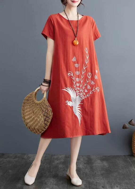 Embroidered Dress Summer Brick Linen Red Day FashionChic